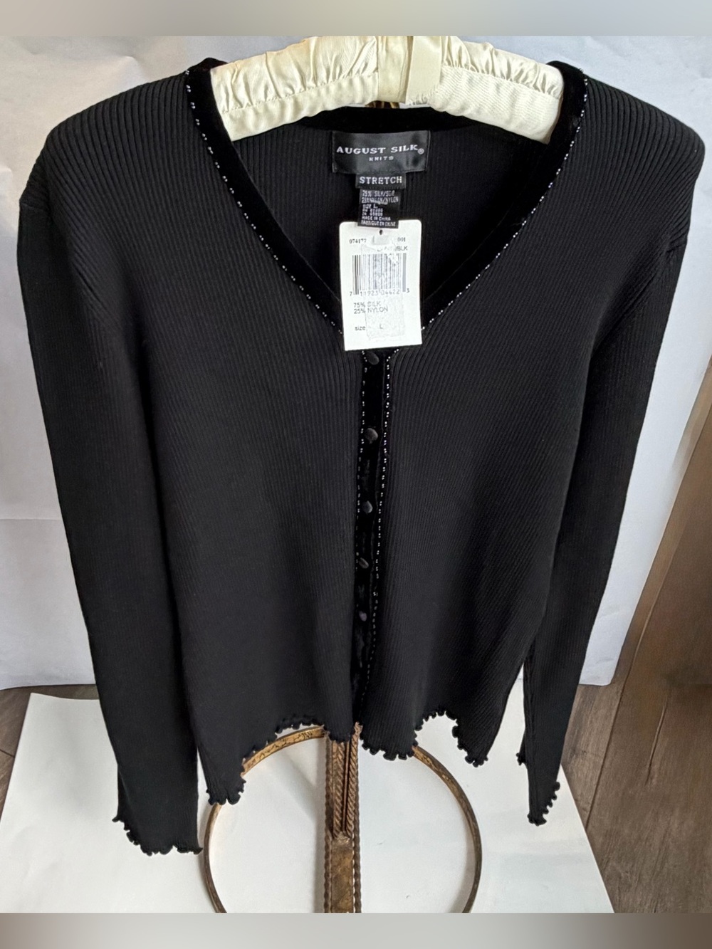 NWT August Silk Black Velvet Trim Beaded Cardigan Top Size L Lettuce Hem⁠